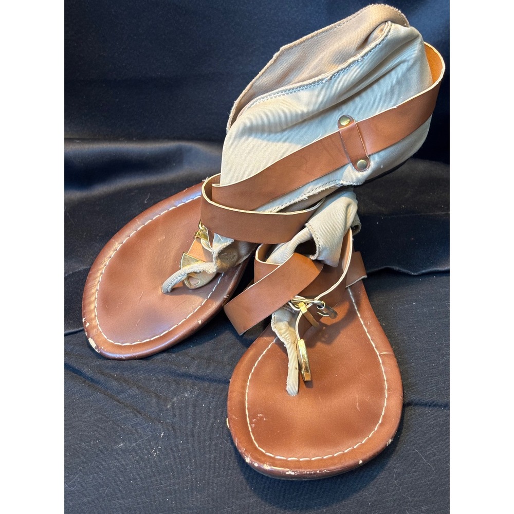 Dollhouse Casie Tan Canvas Ankle Wrap Gladiator Thong Sandals Brown Gold 7.5
